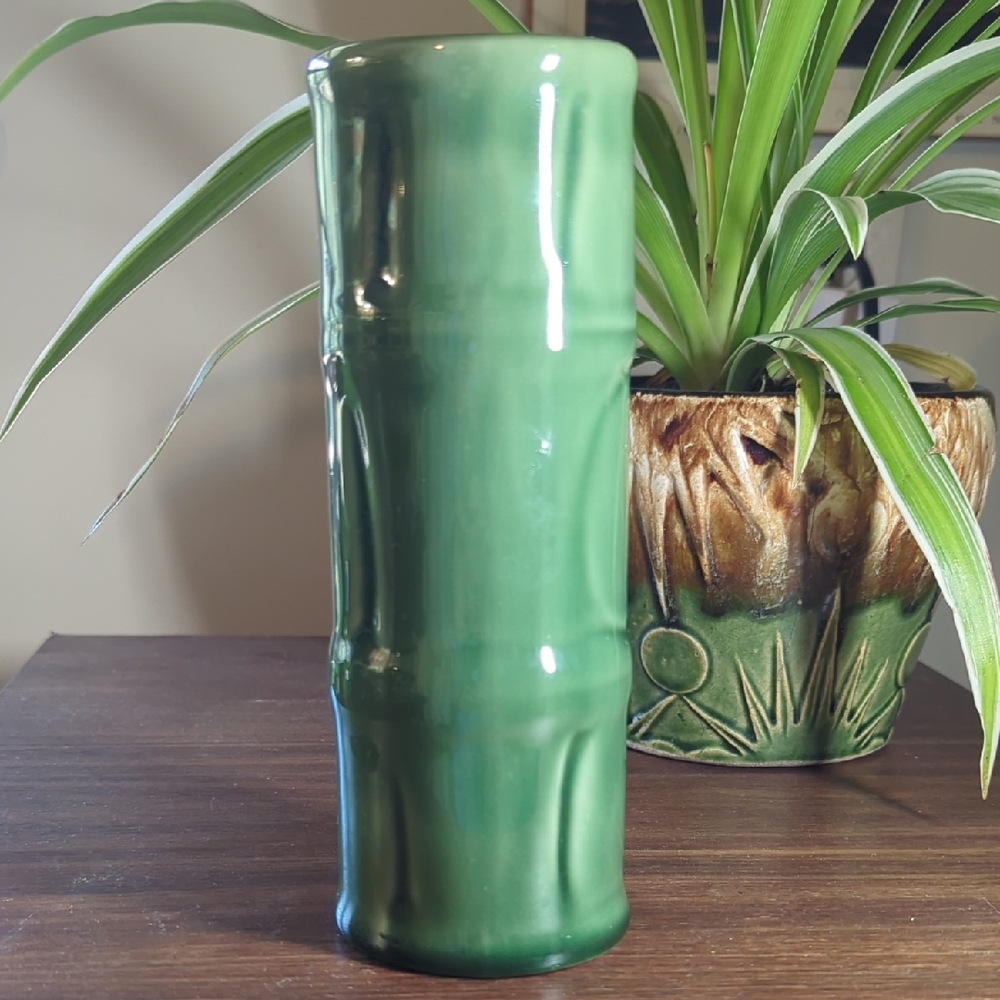 Vintage Libby Pottery Green Bamboo Vase